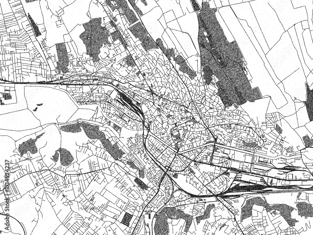 Fototapeta premium Detailed artistic sketch map of Iasi, Romania, in monochrome black and white.