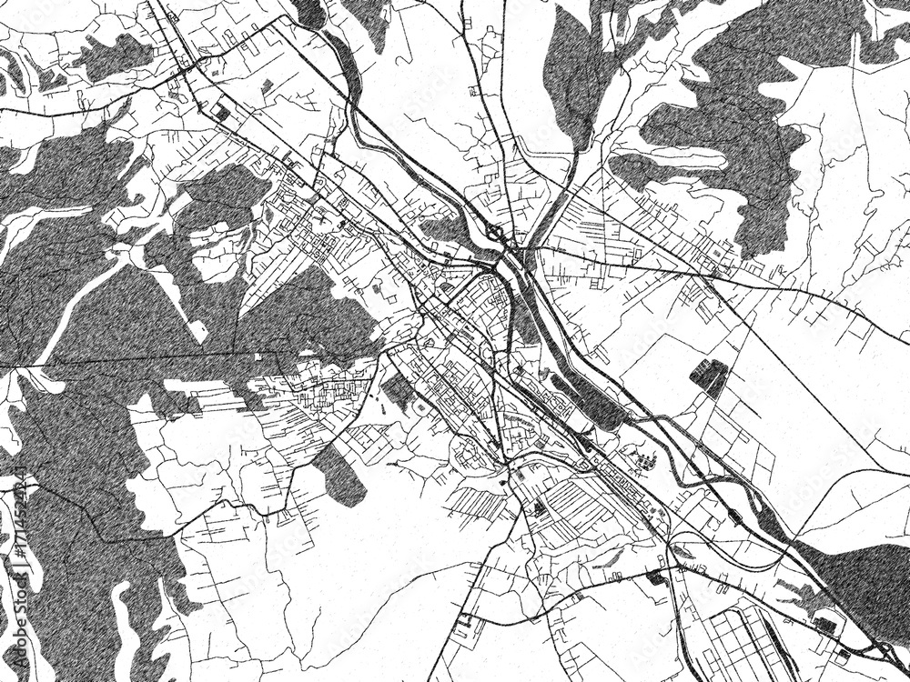 Naklejka premium Illustrated city map of Pitesti, Romania, in black and white, showing roads and textures.