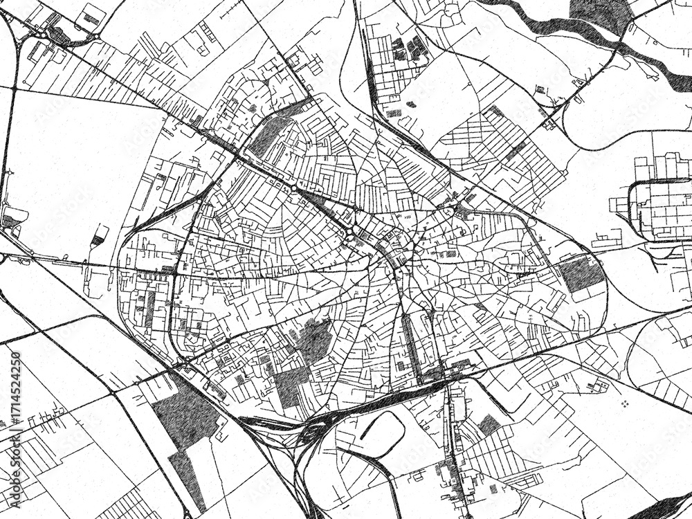 Fototapeta premium Illustrated map of Ploiesti, Romania, in black and white hand-drawn digital style.