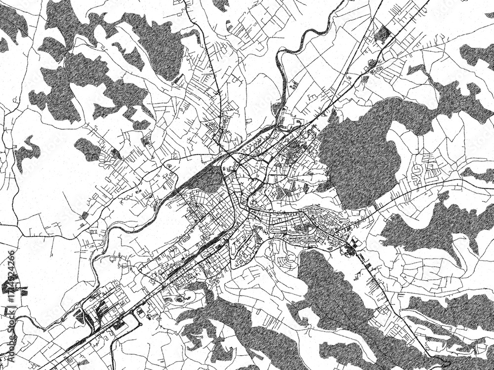 Obraz premium Poster-ready monochrome city map of Targu-Mures, Romania, with detailed streets and rivers.