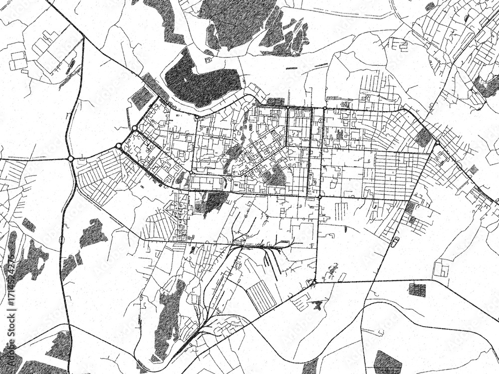 Fototapeta premium Black and white cartographic illustration of Almetyevsk, Russian Federation, in hand-drawn sketch form.