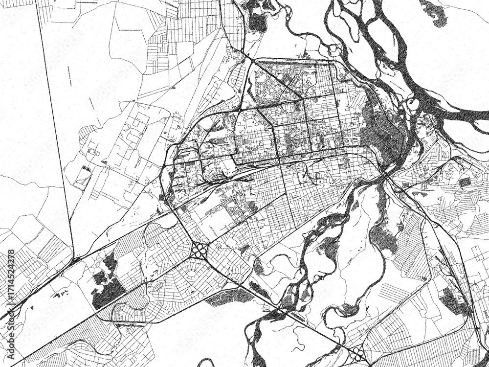 Naklejka premium Minimal poster-style map of Abakan, Russian Federation, hand-drawn in monochrome.