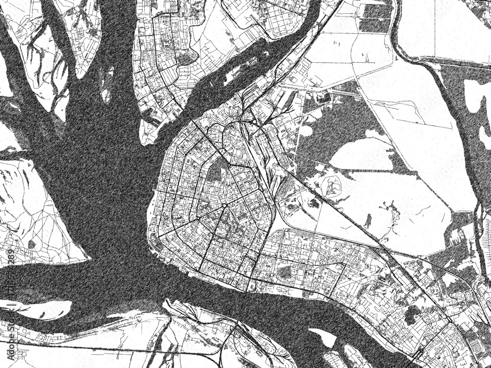 Naklejka premium Illustrated map of Arkhangelsk, Russian Federation, in black and white hand-drawn digital style.