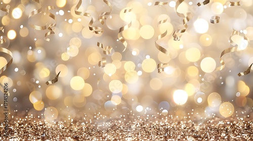 Shimmering Gold Background with Sparkling Lights and Festive Streamers for Celebration and Party Themes