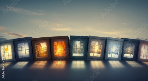 A Series of Windows Showcasing the Four Seasons and Various Weather Patterns Under a Sunset Sky