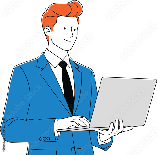 Cartoon business professional, red haired character with laptop, office work concept, technology use, remote working, corporate presentation, digital communication, vector art, workplace illustration