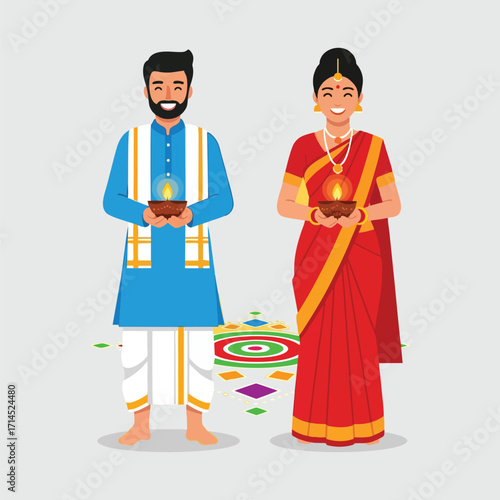 Couple in traditional Indian clothing holding diyas celebrating Diwali festival