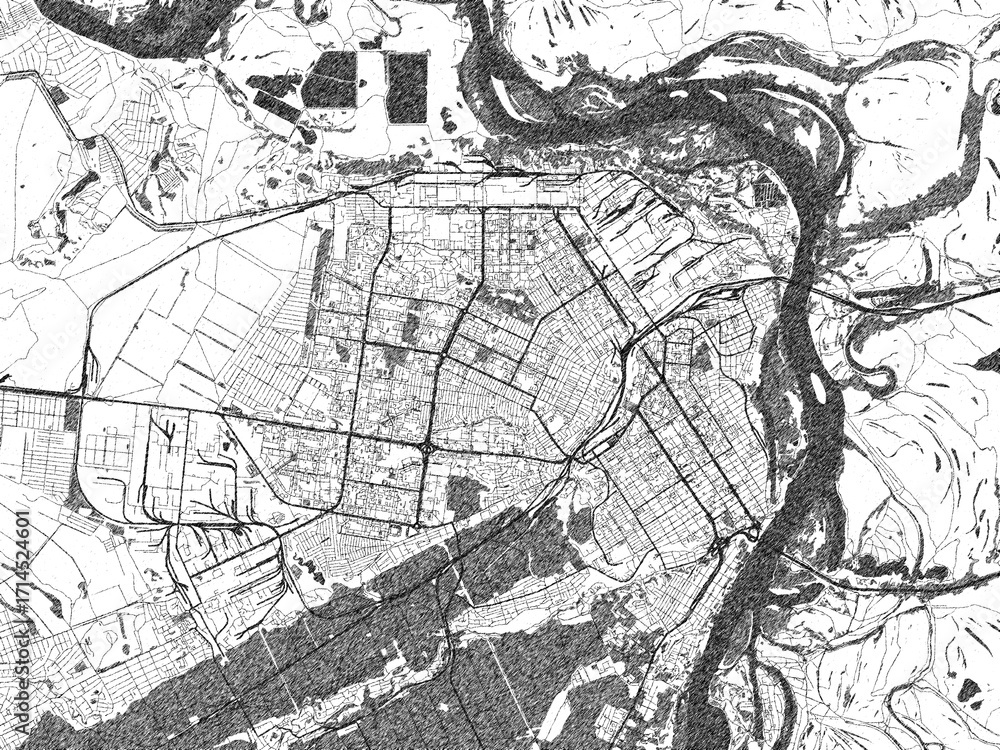 Naklejka premium Decorative black and white map of Barnaul, Russian Federation, rendered in sketch-like style.