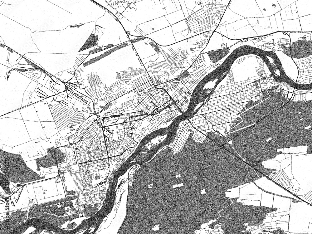 Fototapeta premium Minimal poster-style map of Biysk, Russian Federation, hand-drawn in monochrome.