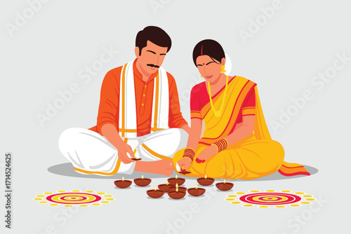 Indian couple lighting diyas for diwali festival celebration with traditional wear