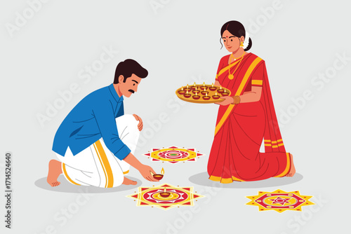 Couple celebrating diwali by lighting diyas and holding a tray of oil lamps