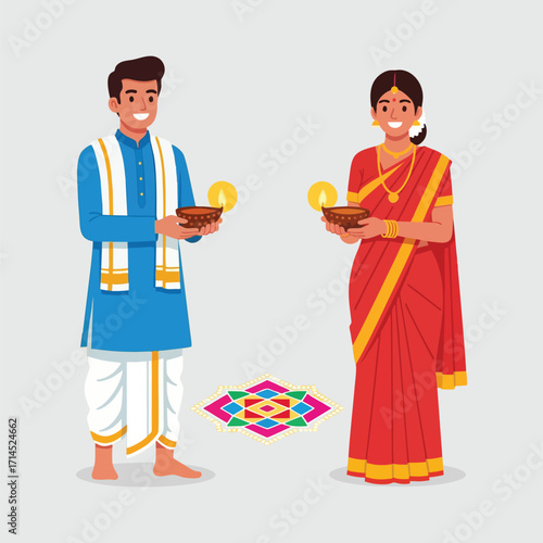 Couple celebrating diwali with traditional attire and diyas in a festive setting