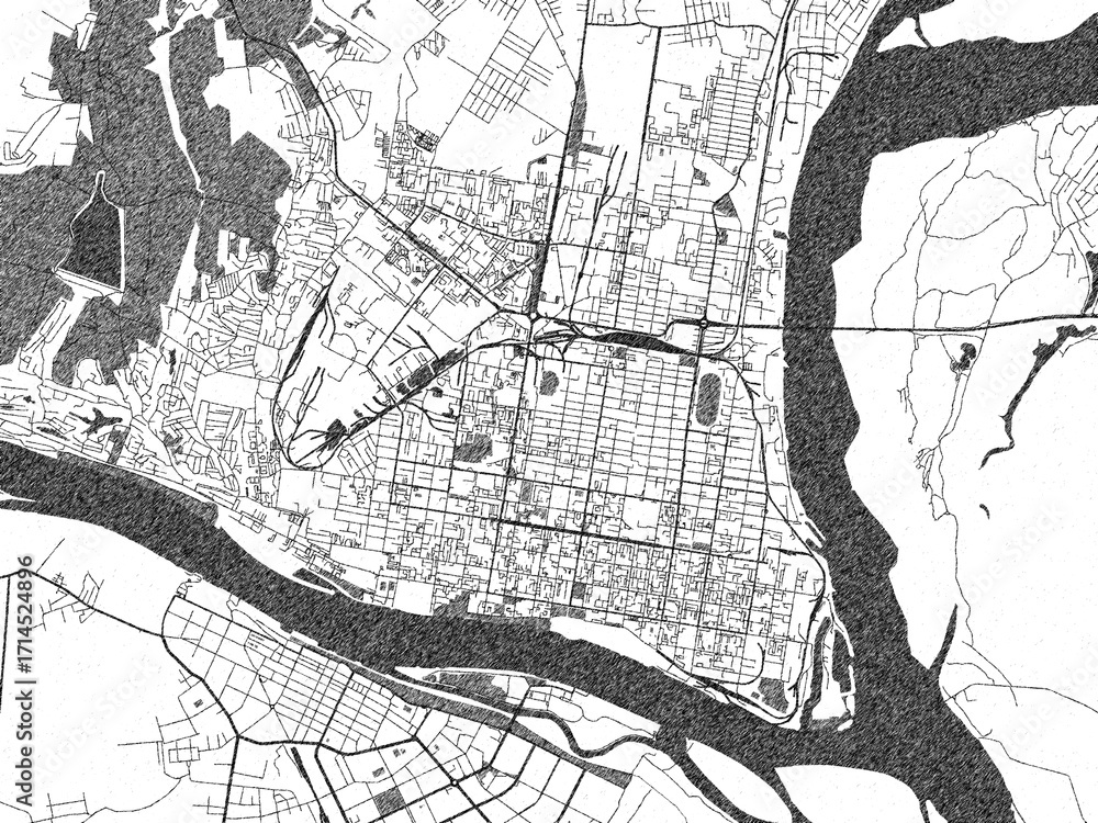 Naklejka premium Poster-style sketch map of Blagoveshchensk, Russian Federation, designed in artistic monochrome.