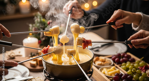 Fondue forks set with melted cheese and various dippables for a cozy dinner experience