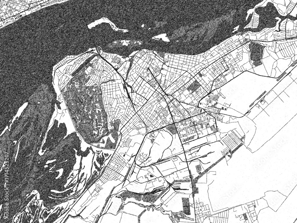 Naklejka premium Black and white cartographic illustration of Engels, Russian Federation, in hand-drawn sketch form.