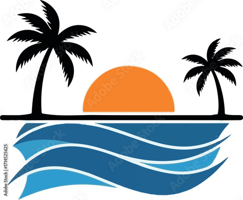 Stylized Tropical Sunset with Palm Trees and Ocean Waves