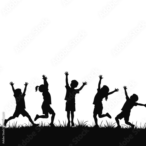 Five children silhouettes jumping and raising arms on grass