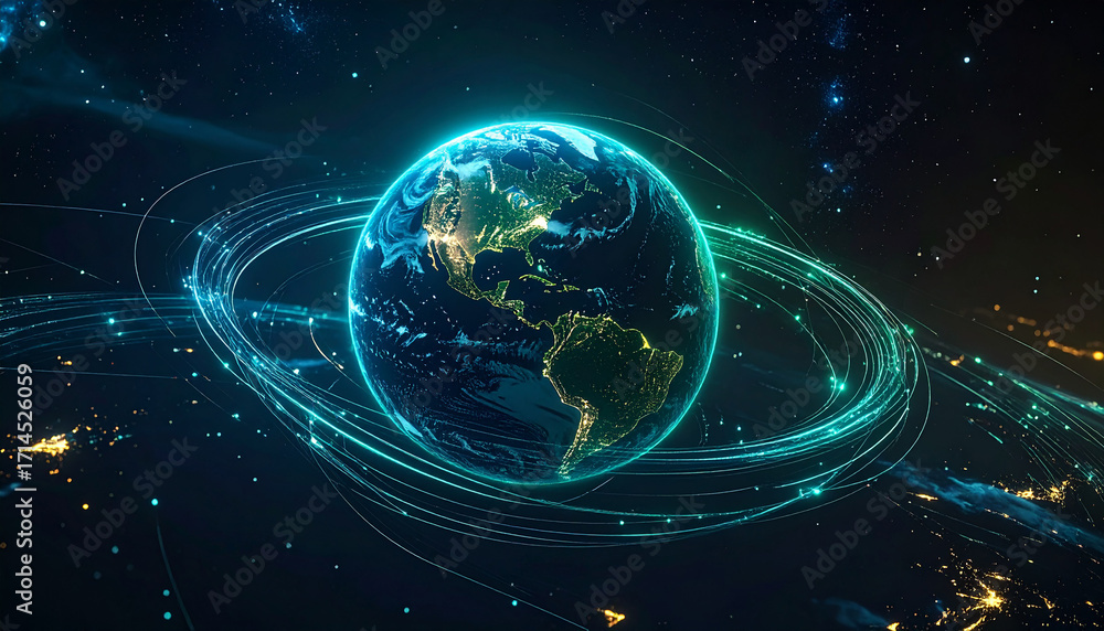 Obraz premium A futuristic glowing globe floating in dark space, surrounded by orbiting data lines in blue and green.