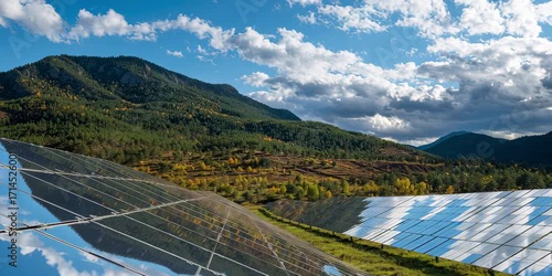 Solar Panels Reflecting Golden Sunlight Amid Mountain Scenery & Vibrant Autumn Foliage — Renewable Energy Landscape (4K)