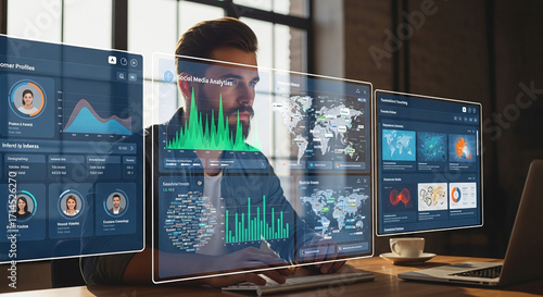 An entrepreneur using AI for deep customer sentiment analysis and personalized marketing strategies, screens showing social media analytics and customer profiles, vibrant and detailed