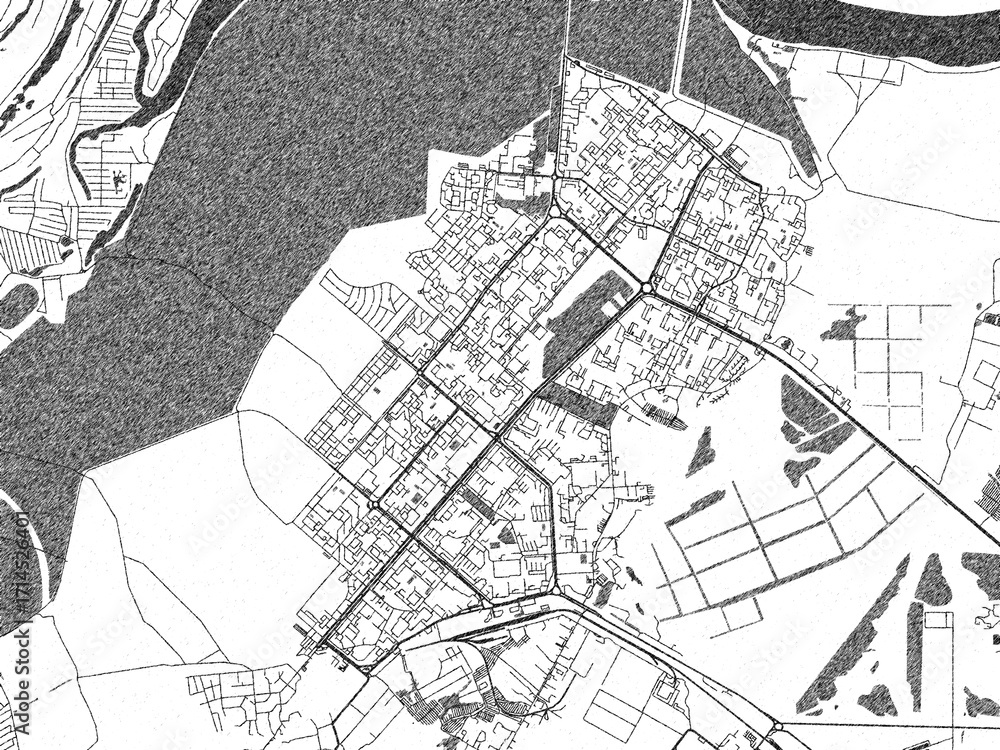 Naklejka premium Black and white cartographic illustration of Nizhnekamsk, Russian Federation, in hand-drawn sketch form.