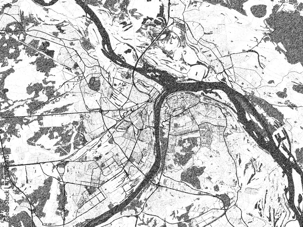 Naklejka premium Sketch-style black and white map of Nizhniy Novgorod, Russian Federation, perfect for illustration and wall art.