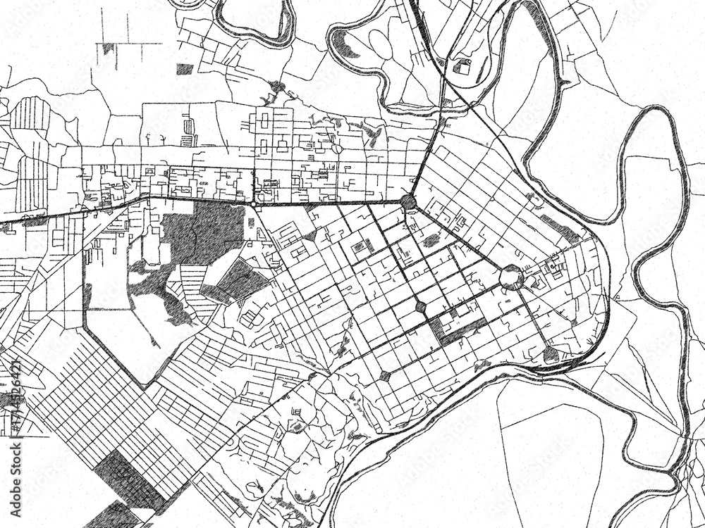 Naklejka premium Hand-drawn black and white city map of Novocherkassk, Russian Federation, ready for wall art or editorial projects.