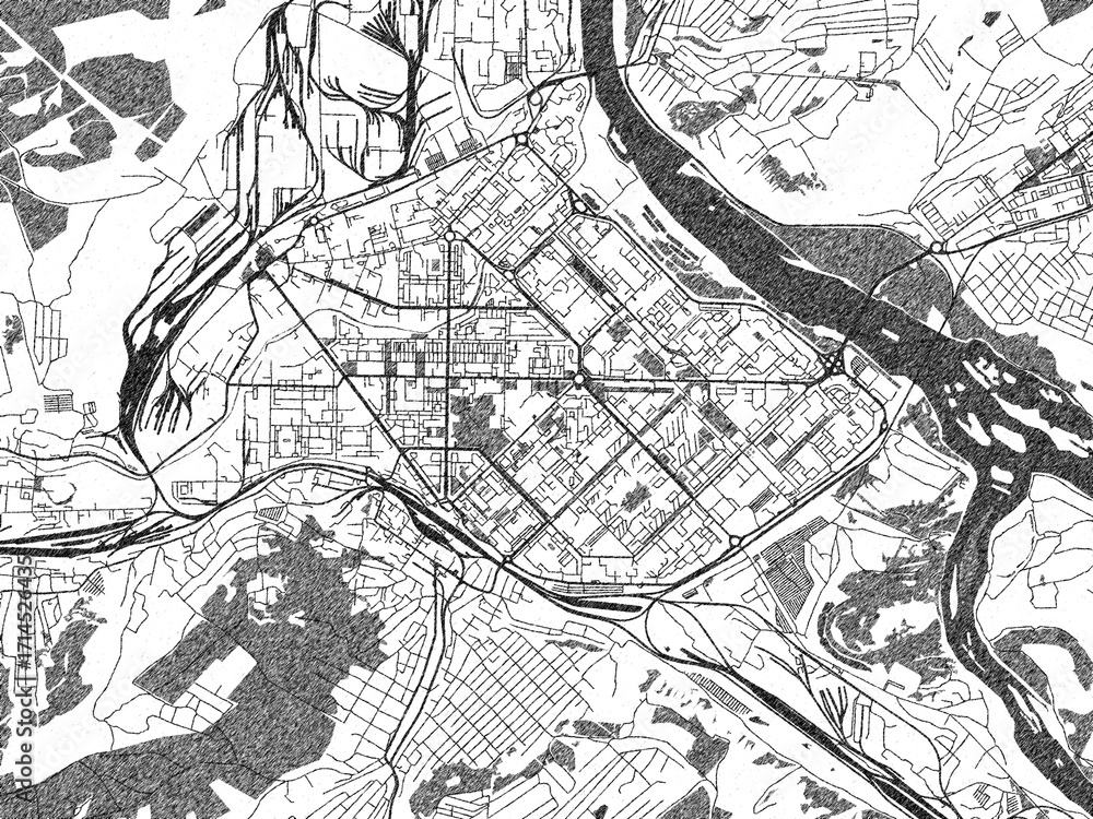 Naklejka premium Minimalist monochrome city map of Novokuznetsk, Russian Federation, illustrated with urban detail.