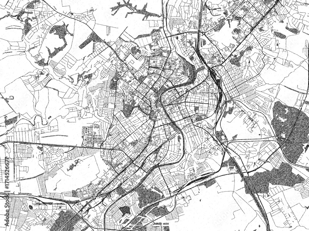 Fototapeta premium Black and white map poster of Orel, Russian Federation, illustrated in hand-drawn style.