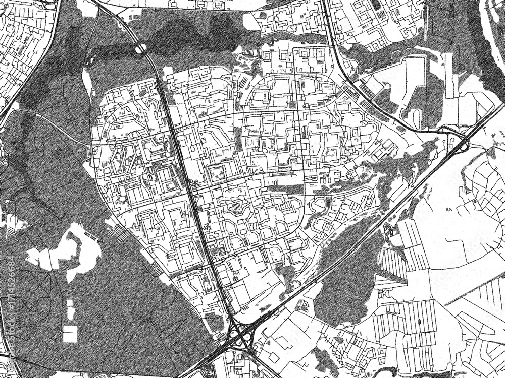 Fototapeta premium Urban black and white map of Orekhovo-Borisovo, Russian Federation, designed in a sketch style for prints.