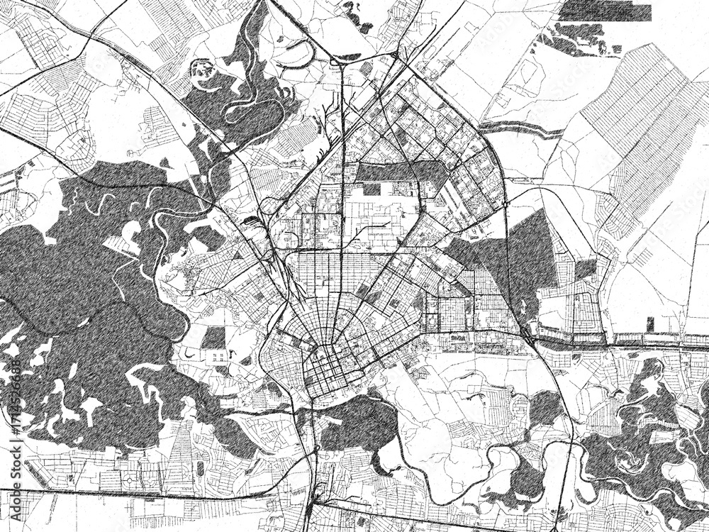 Fototapeta premium Urban black and white map of Orenburg, Russian Federation, designed in a sketch style for prints.