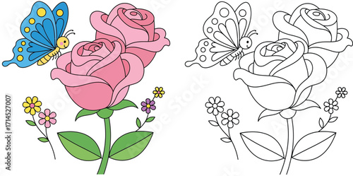 Cute Butterfly on Pink Roses with Wildflowers - Cartoon Vector Illustration for Coloring Book