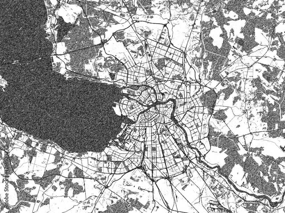 Naklejka premium Black and white illustrated map of Saint Petersburg, Russian Federation, with streets, rivers, and neighborhoods.