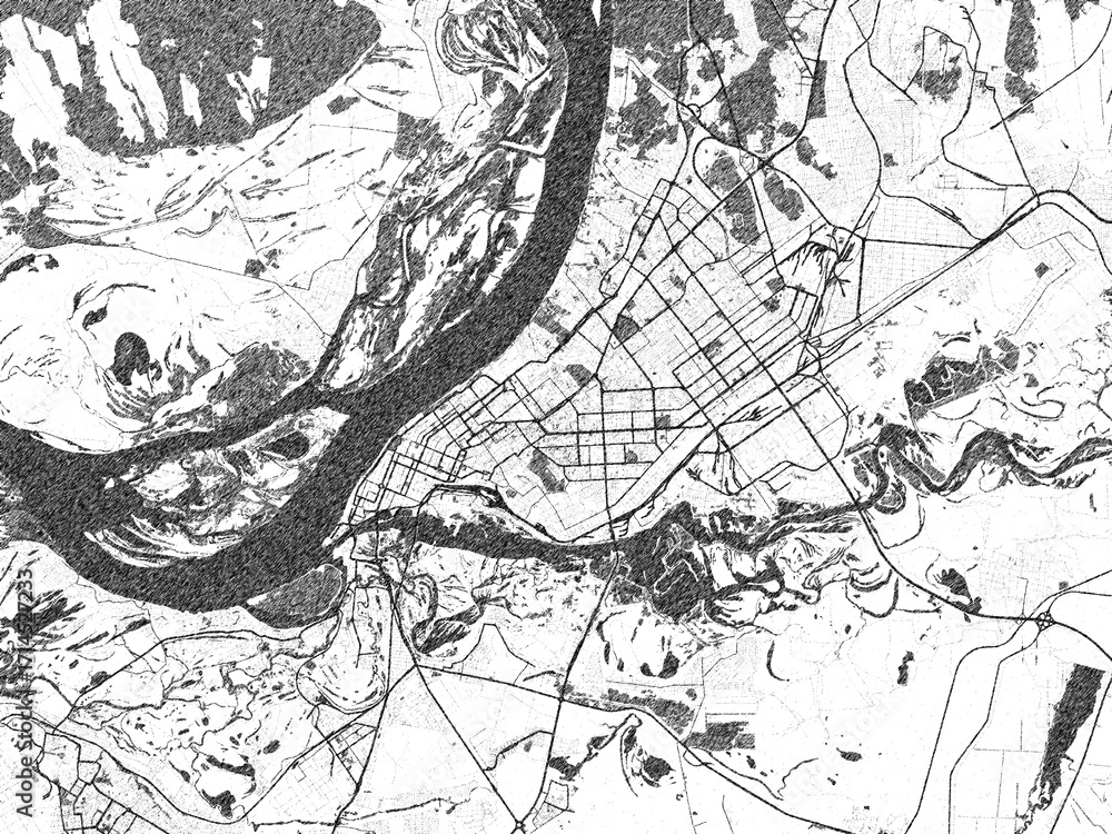 Naklejka premium Minimalist monochrome city map of Samara, Russian Federation, illustrated with urban detail.