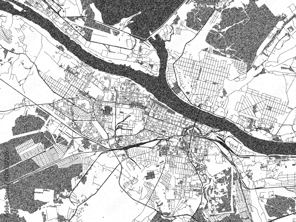 Fototapeta premium Black and white illustrated map of Rybinsk, Russian Federation, with streets, rivers, and neighborhoods.