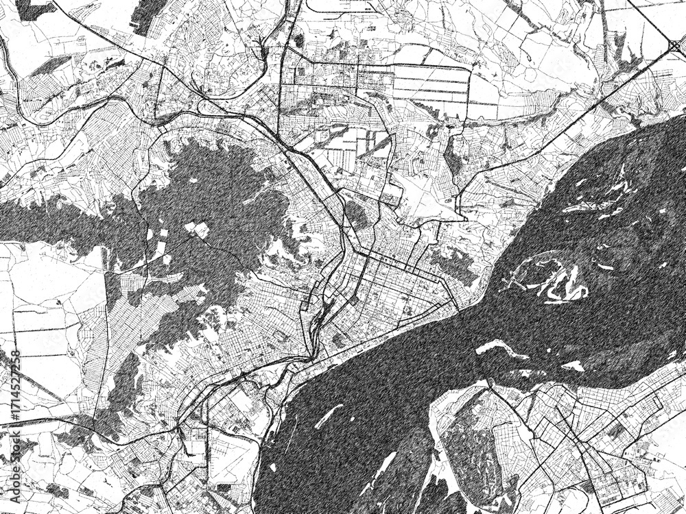 Fototapeta premium Decorative black and white map of Saratov, Russian Federation, rendered in sketch-like style.