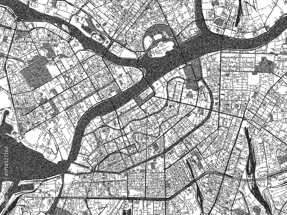Naklejka premium Sketch-style black and white map of Sint Petersburg city center, Russian Federation, perfect for illustration and wall art.