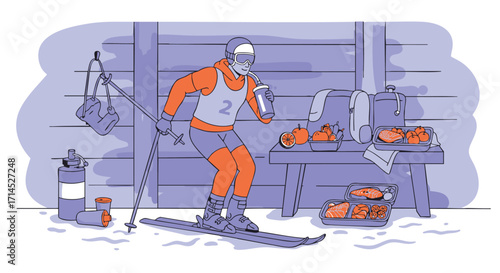 Athlete on skis pausing at a competition aid station to drink and grab energy-boosting snacks, illustrating essential race day nutrition and hydration for peak performance