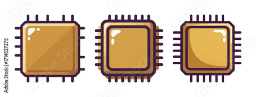 Set of three golden computer processor microchips, a concept of technology, data, and computation illustration.