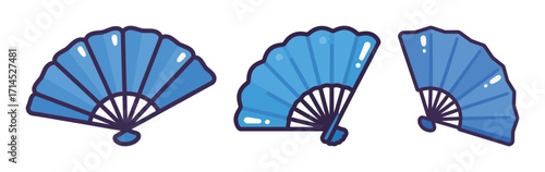 Set of three blue Japanese folding fans, a cultural and decorative accessory illustration.