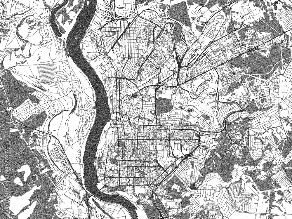 Obraz premium Poster-ready black and white illustration map of Tomsk, Russian Federation, detailed and artistic.