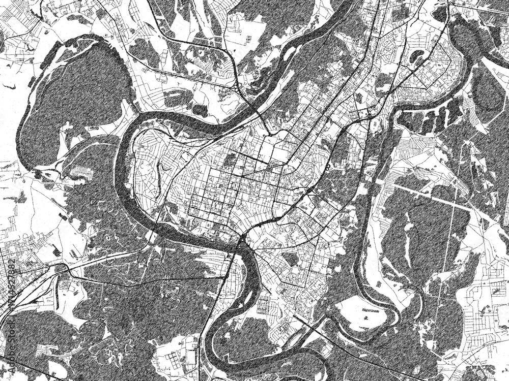 Obraz premium Minimal poster-style map of Ufa, Russian Federation, hand-drawn in monochrome.