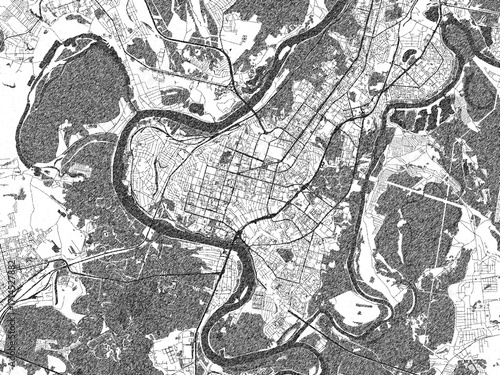 Minimal poster-style map of Ufa, Russian Federation, hand-drawn in monochrome.
