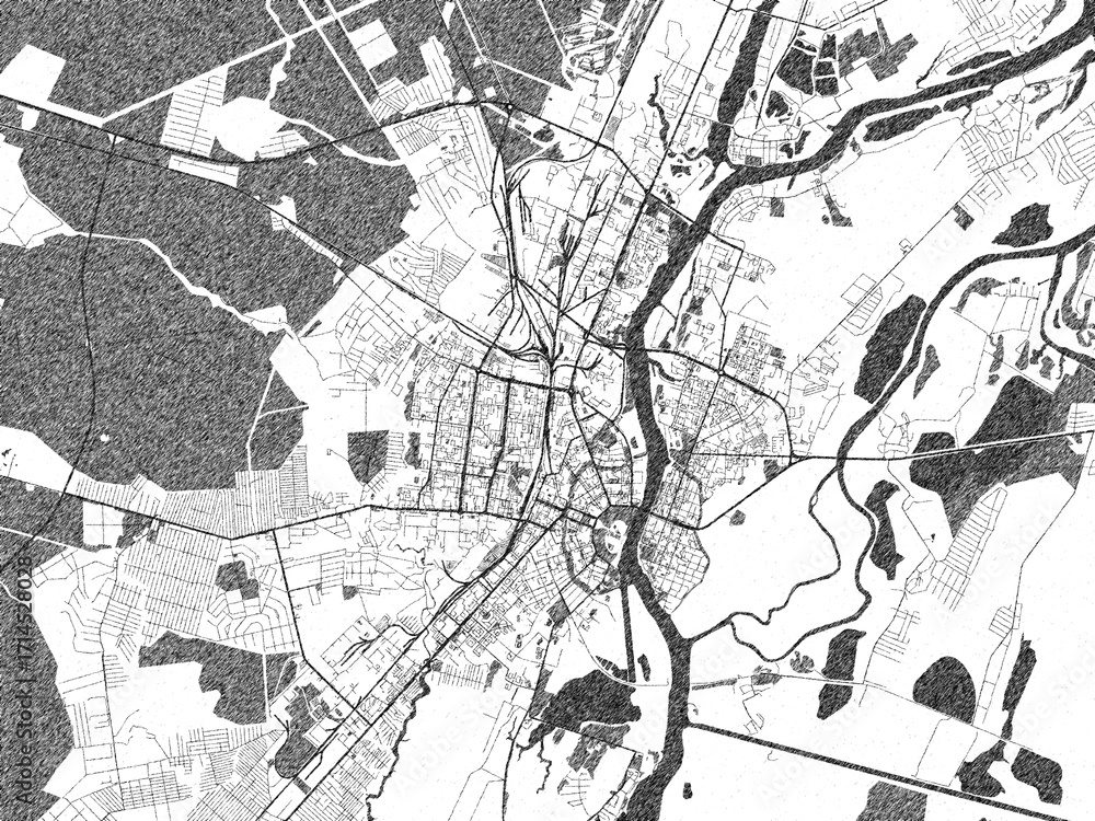 Fototapeta premium Detailed black and white map of Velikiy Novgorod, Russian Federation, in artistic sketch style.