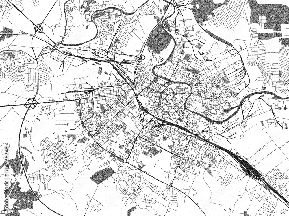 Obraz premium Illustrated city map of Vologda, Russian Federation, in black and white, showing roads and textures.