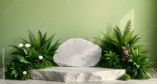 Minimalist product display stand with nature theme background