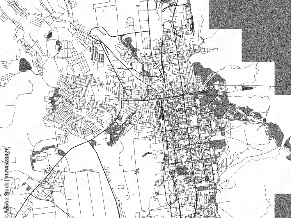 Naklejka premium Minimal poster-style map of Yuzhno-Sakhalinsk, Russian Federation, hand-drawn in monochrome.