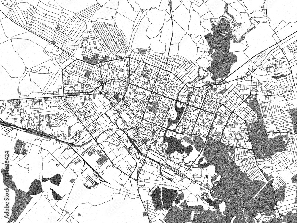 Fototapeta premium Black and white cartographic illustration of Yoshkar-Ola, Russian Federation, in hand-drawn sketch form.