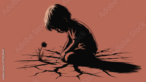 Desolate landscape featuring lone child gazing at fragile flower symbolizing hope amid drought conditions