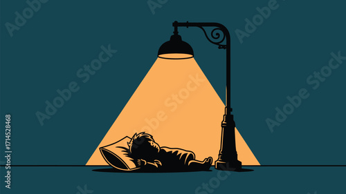 Boy sleeps soundly under the warm glow of a street lamp, offering peaceful dreams and a safe haven